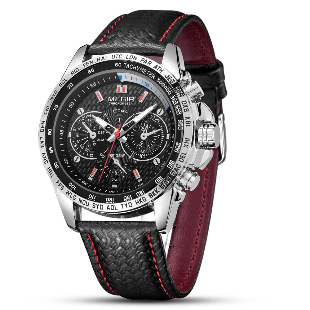 Relógio de pulso analógico de quartzo para homem MEGIR – Relógio de luxo à prova de água com bracelete em pele, estilo descontraído, modelo 1010 (preto)