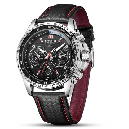 Relógio de pulso analógico de quartzo para homem MEGIR – Relógio de luxo à prova de água com bracelete em pele, estilo descontraído, modelo 1010 (preto)