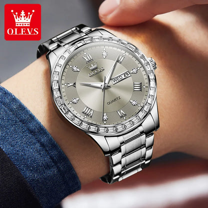 Orologio da uomo al quarzo OLEVS 9906, modello quadrato impreziosito da diamanti, cinturino in acciaio inossidabile, impermeabile, con doppio calendario; un orologio da polso di lusso, originale, ideale per l’ambiente professionale.