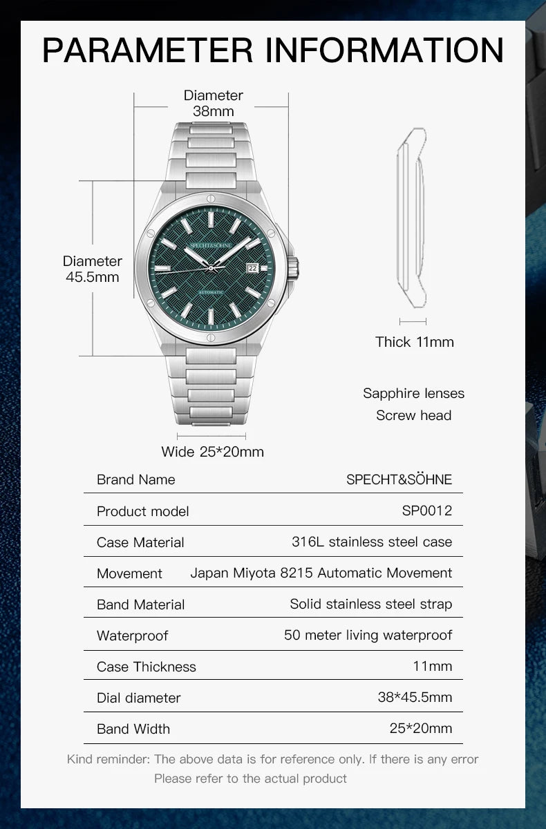 Specht&Sohne 2025 Neue 38MM Herrenuhr, Automatikuhr, Japan Miyota 8215 Uhrwerk, Stahl, Saphirglas, wasserdichte Reloj Homb