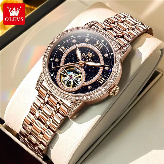 OLEVS Women’s Luxury Automatic Skeleton Watch  Starry Sky Stainless Steel Mechanical Wristwatch