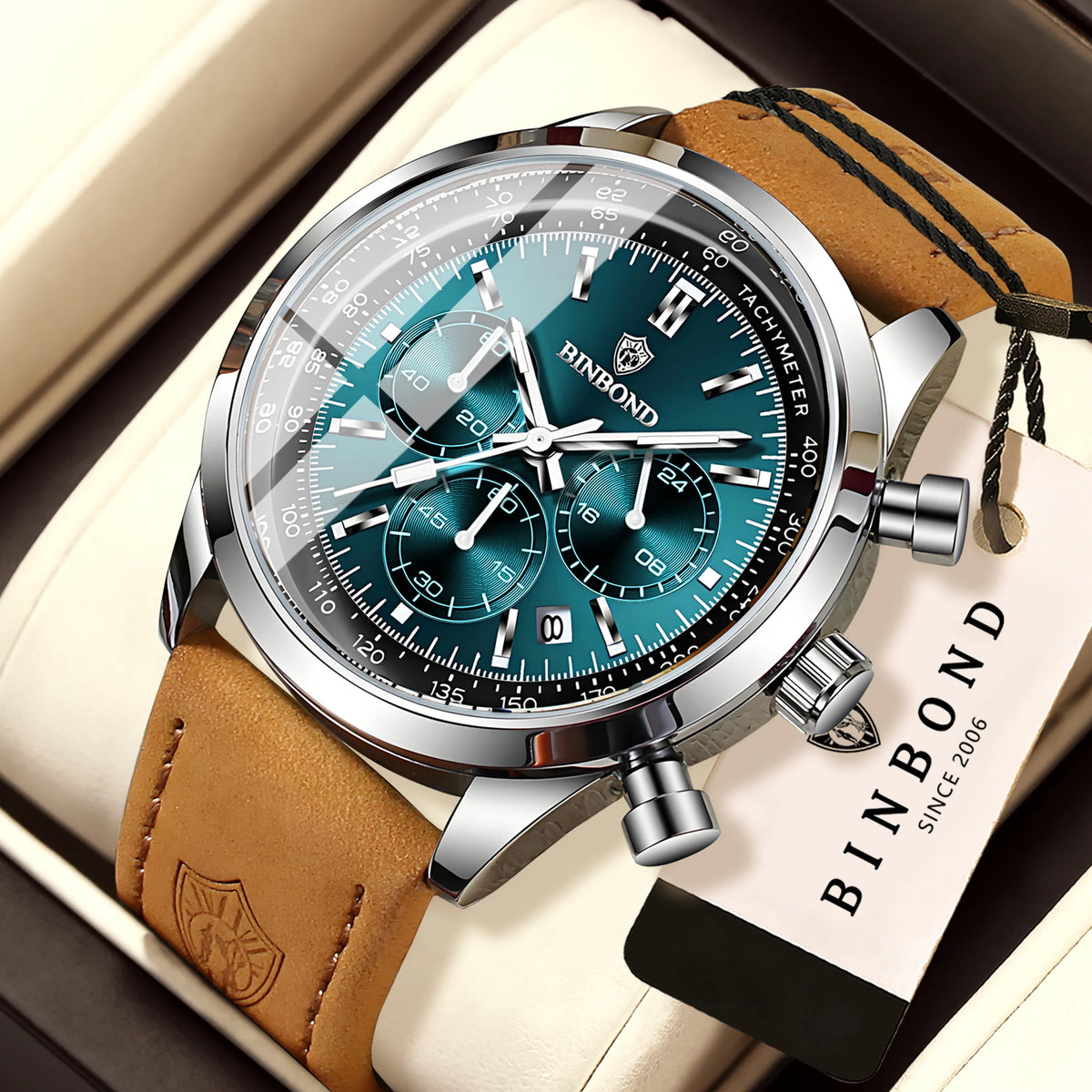 Orologio cronografo BINBOND al quarzo, robusto e preciso, da uomo, di lusso, con data automatica, luminescente e impermeabile, in stile casual.
