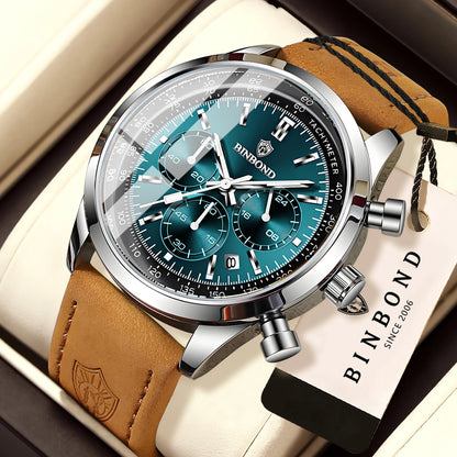 Orologio cronografo BINBOND al quarzo, robusto e preciso, da uomo, di lusso, con data automatica, luminescente e impermeabile, in stile casual.