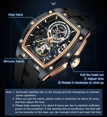 Reloj de pulsera MINI FOCUS para hombre, negro, a la moda, resistente al agua, mecánico automático, con manecillas luminosas, correa de silicona y esfera tonneau