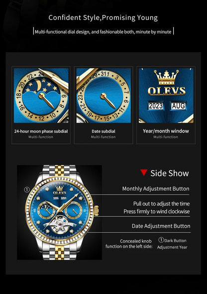 OLEVS 7016 Automatic Man Watch Stainless Steel Diamond Bezel Skeleton Flywheel Moon Phase Luminous Waterproof Mechanical Watches