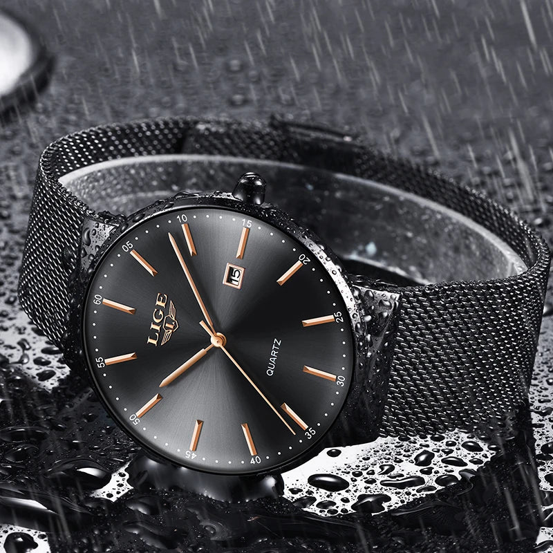 Orologio da uomo LIGE, modello elegante e lussuoso, ultrasottile, impermeabile, con bracciale a maglia, movimento al quarzo, datario e calendario – ideale per uno stile professionale.
