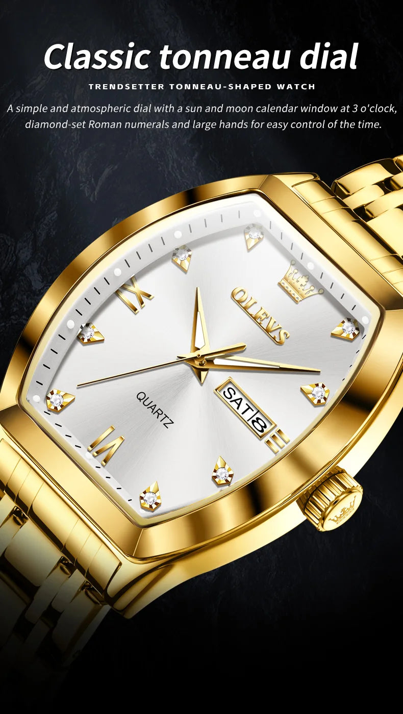 OLEVS Nouvelles montres pour homme Montres à quartz de luxe en or Montres classiques à cadran tonneau Montres à quartz étanches et luminescentes pour homme 5528