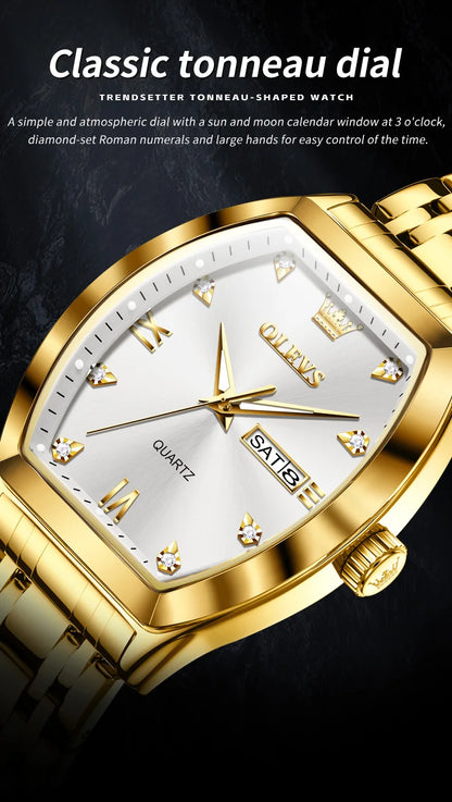 OLEVS Nouvelles montres pour homme Montres à quartz de luxe en or Montres classiques à cadran tonneau Montres à quartz étanches et luminescentes pour homme 5528