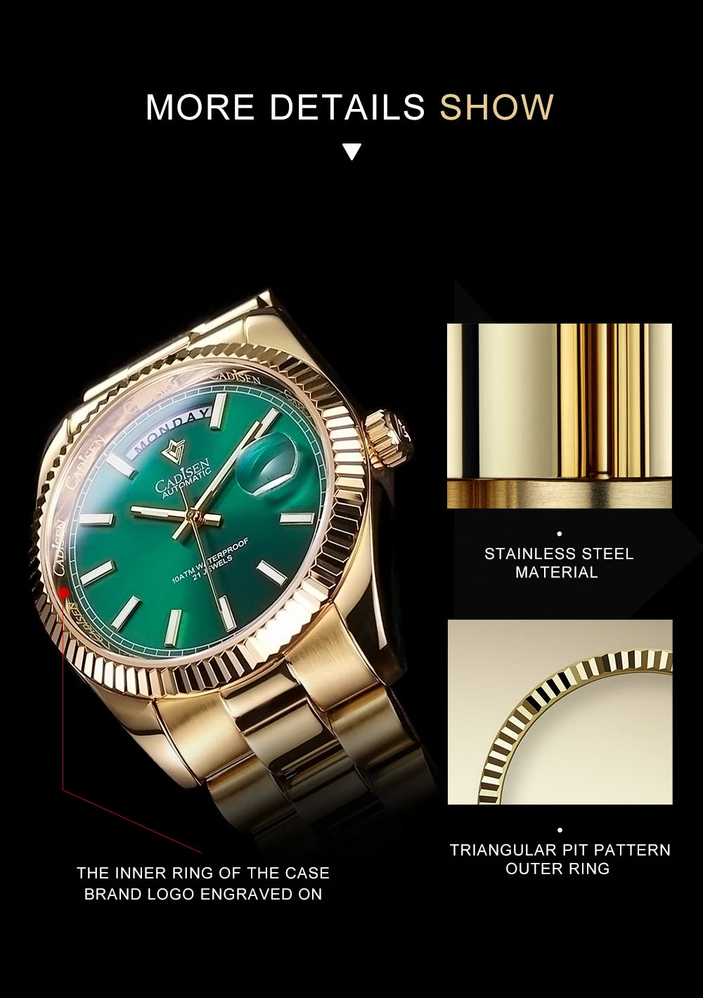 Relógio masculino CADISEN DD40 de luxo, automático, mecânico, com vidro de safira AR, 10Bar, movimento MIYOTA 8285, novidade 2023