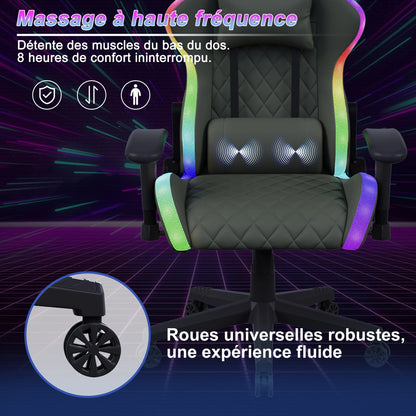 Ergonomic office chair with lumbar massage,LED RGB ambient lighting, and reclining backrest,  for home offices