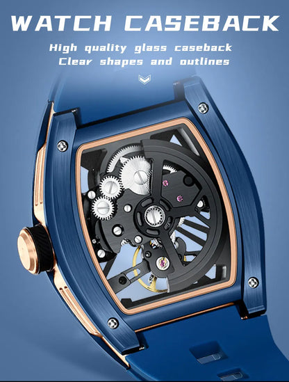 Reloj de pulsera MINI FOCUS para hombre, negro, a la moda, resistente al agua, mecánico automático, con manecillas luminosas, correa de silicona y esfera tonneau