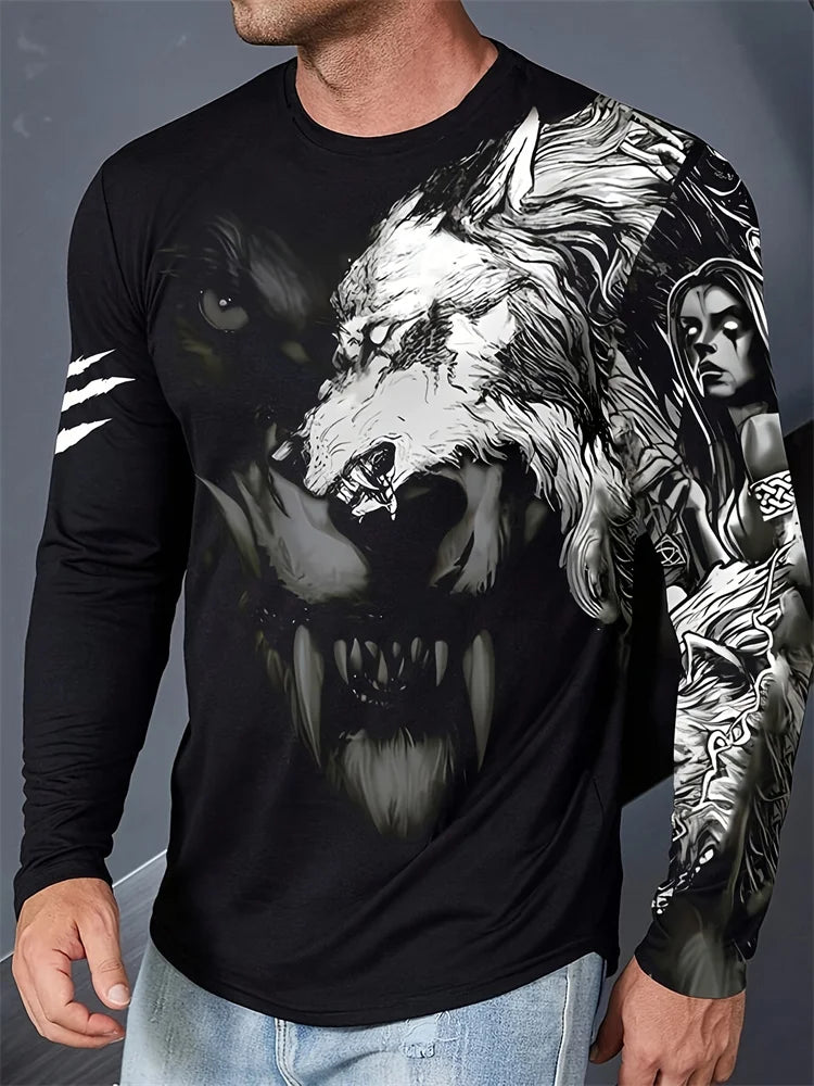 2024 New Wolf Print Men's Long Sleeve T-shirt Spring and Autumn Daily Casual Street Fashion Men's Long Sleeve T-shirt