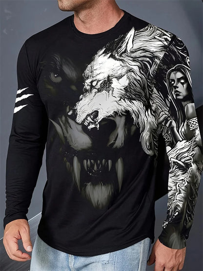 2024 New Wolf Print Men's Long Sleeve T-shirt Spring and Autumn Daily Casual Street Fashion Men's Long Sleeve T-shirt