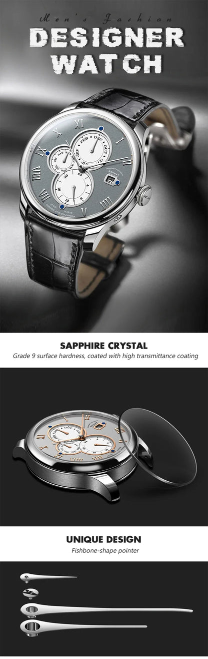 Luxury Brand BORMAN Automatic Mechanical Men's Watches Sapphire 50M Waterproof Multi-function Dial Retro Leather Clocks BM18011