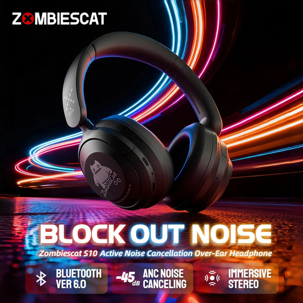 Zombies Cat S10 ANC Bluetooth 6.0 Headphones -45dB Active Noise Canceling Earphone HiFi Stereo Over-Ear Wire/Wireless Headset