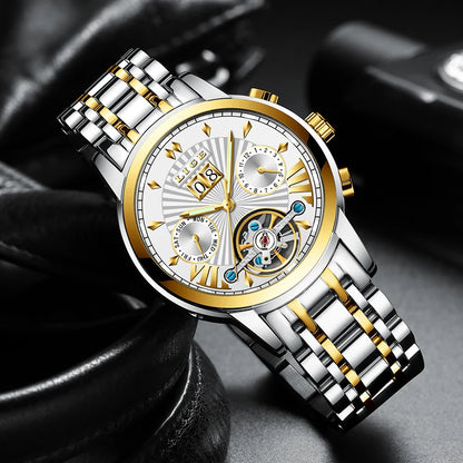 Męskie zegarki mechaniczne z automatycznym mechanizmem marki LIGE – luksusowy zegarek z najwyższej półki z tourbillonem, elegancki i wodoodporny, idealny do pracy lub na uroczyste okazje.