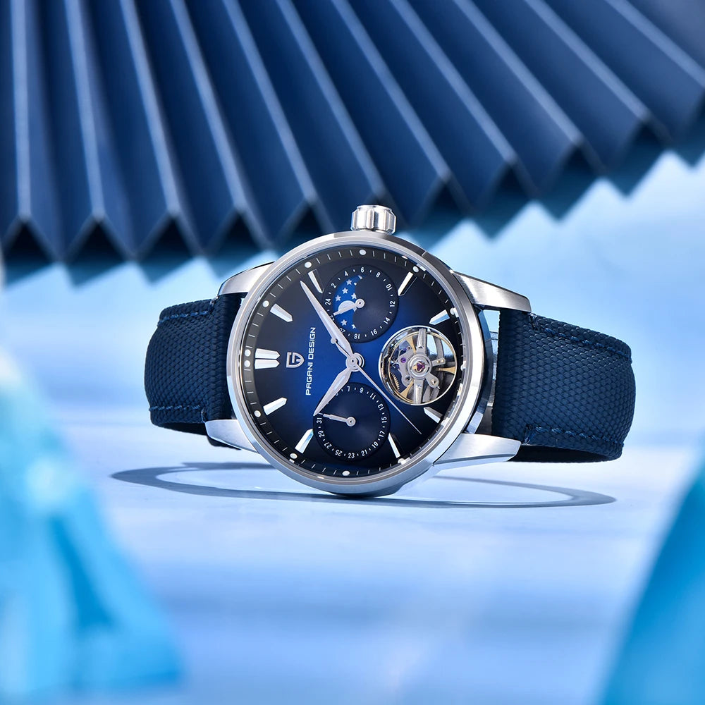 PAGANI DESIGN – Luksuzna mehanska ura za moške, 41 mm, safirno steklo, usnjena zapestnica, vodotesna, v pilotskem slogu, s turbijonom in prikazom lunine faze