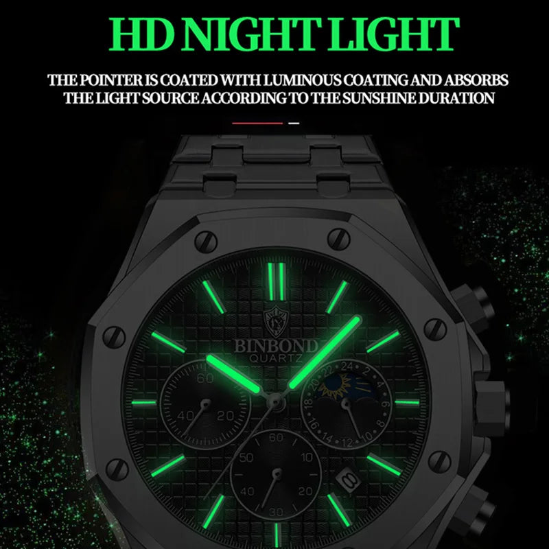 Montre-bracelet à quartz BINBOND pour homme, chronographe de luxe luminescent, en acier inoxydable, étanche, avec date et calendrier