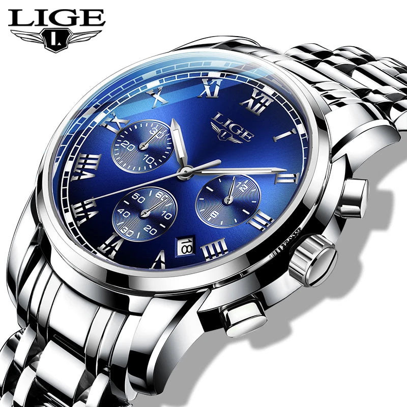 Orologio da uomo LIGE – Cronografo di lusso, stile sportivo casual, impermeabile, interamente in acciaio, movimento al quarzo