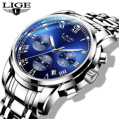 Orologio da uomo LIGE – Cronografo di lusso, stile sportivo casual, impermeabile, interamente in acciaio, movimento al quarzo