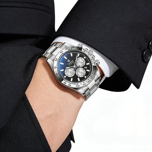 Orologio meccanico automatico da uomo, stile «business casual», colore argento, impermeabile fino a 3 ATM, multifunzione.
