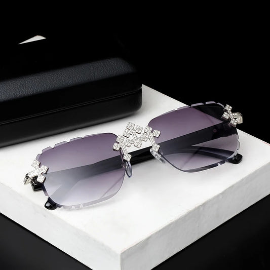 2025 Fashion Square Rimless Sunglasses For Women Cross Diamond Metal Frame Luxury Eyewear Cut Lens UV400 Shades Sun Glasses