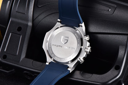 Orologio da uomo PAGANI DESIGN – Cronografo sportivo di lusso in oro rosa, dotato di un movimento al quarzo giapponese VK64 e di un cinturino in gomma fluorurata.