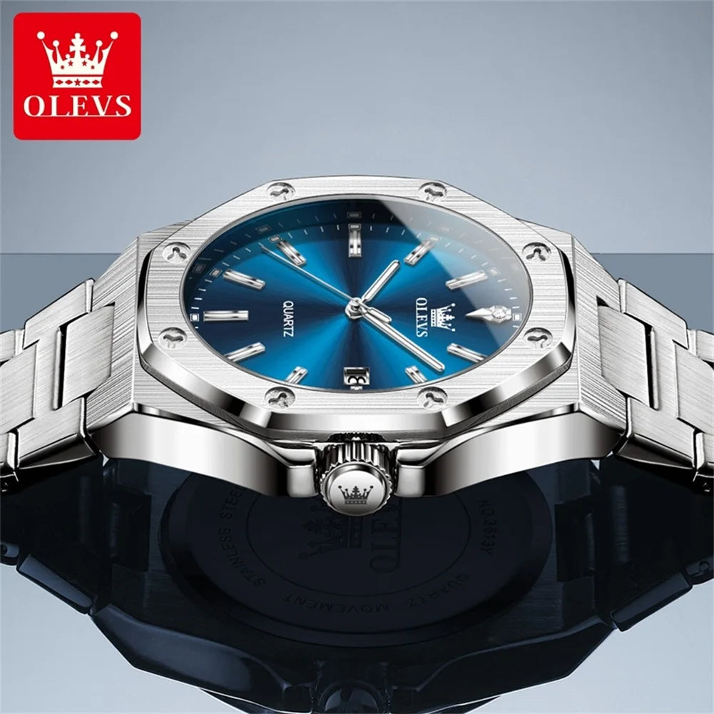 Montres OLEVS pour homme : montre de luxe classique à quartz, argentée et bleue, étanche, en acier inoxydable, luminescente, Reloj Hombre