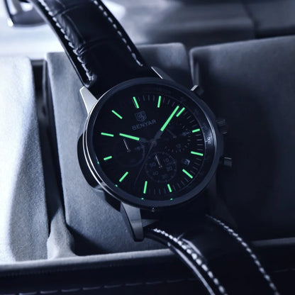 Orologio di lusso da uomo Benyar – Cronografo con datario, cinturino in pelle, impermeabile, luminescente, stile sportivo e militare, orologio al quarzo