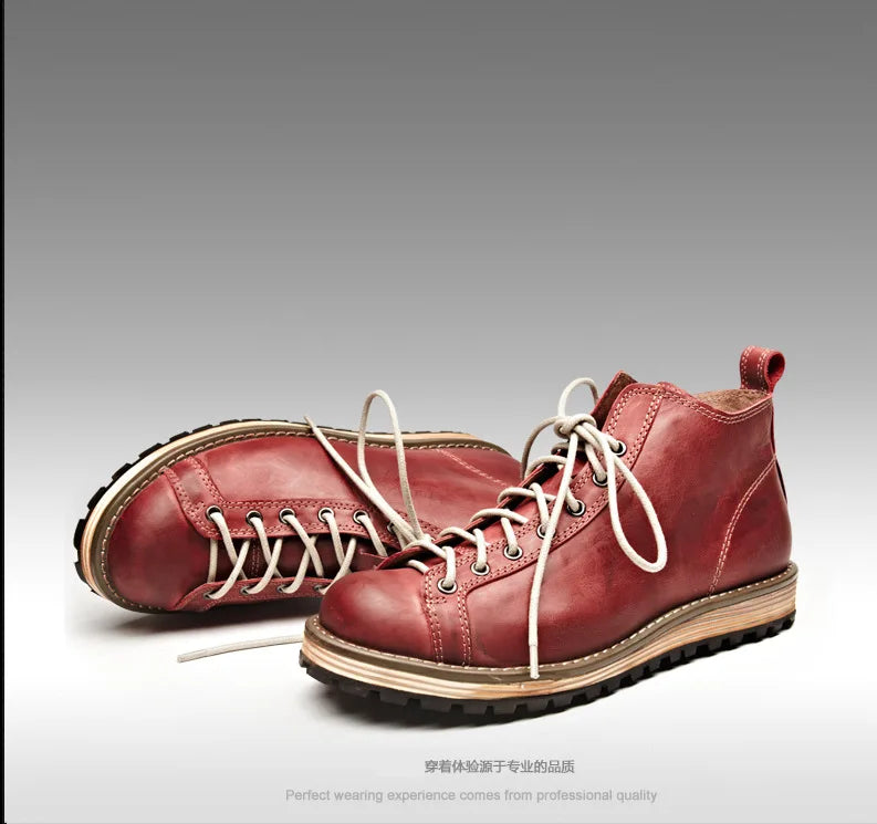 KOWM Cowhide Hiking Shoes Men's Walking Boot British Trekking Shoes Thick-Soled Cowhide High-Top Motorcycle Boots Ankle Sneakers