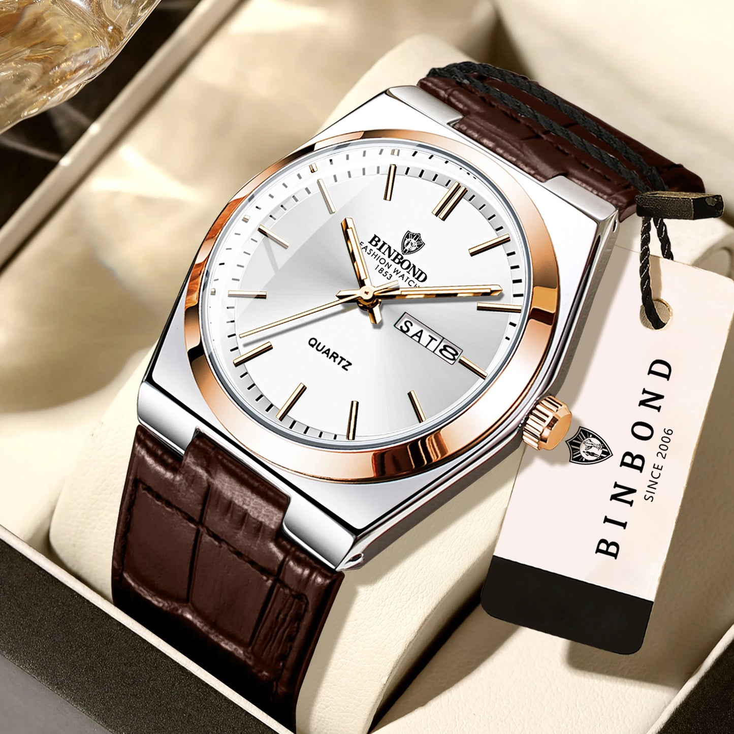 BINBOND Luxury leather strap quartz wristwatches precise luminous waterproof auto date week display durable men's watch reloj