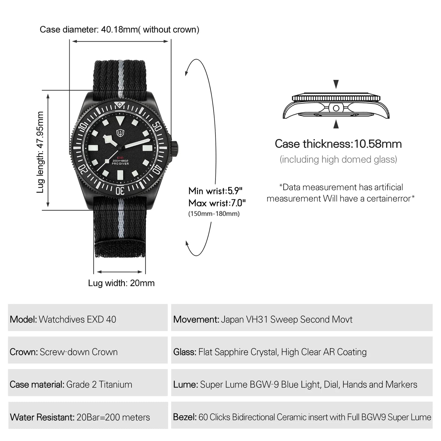 Watchdives EXD 40Mm Titanium Dive Watch Man VH31 Sweep Quartz Watches 200 Waterproof Ar Sapphire BGW9 Luminous 316L Wristwatch