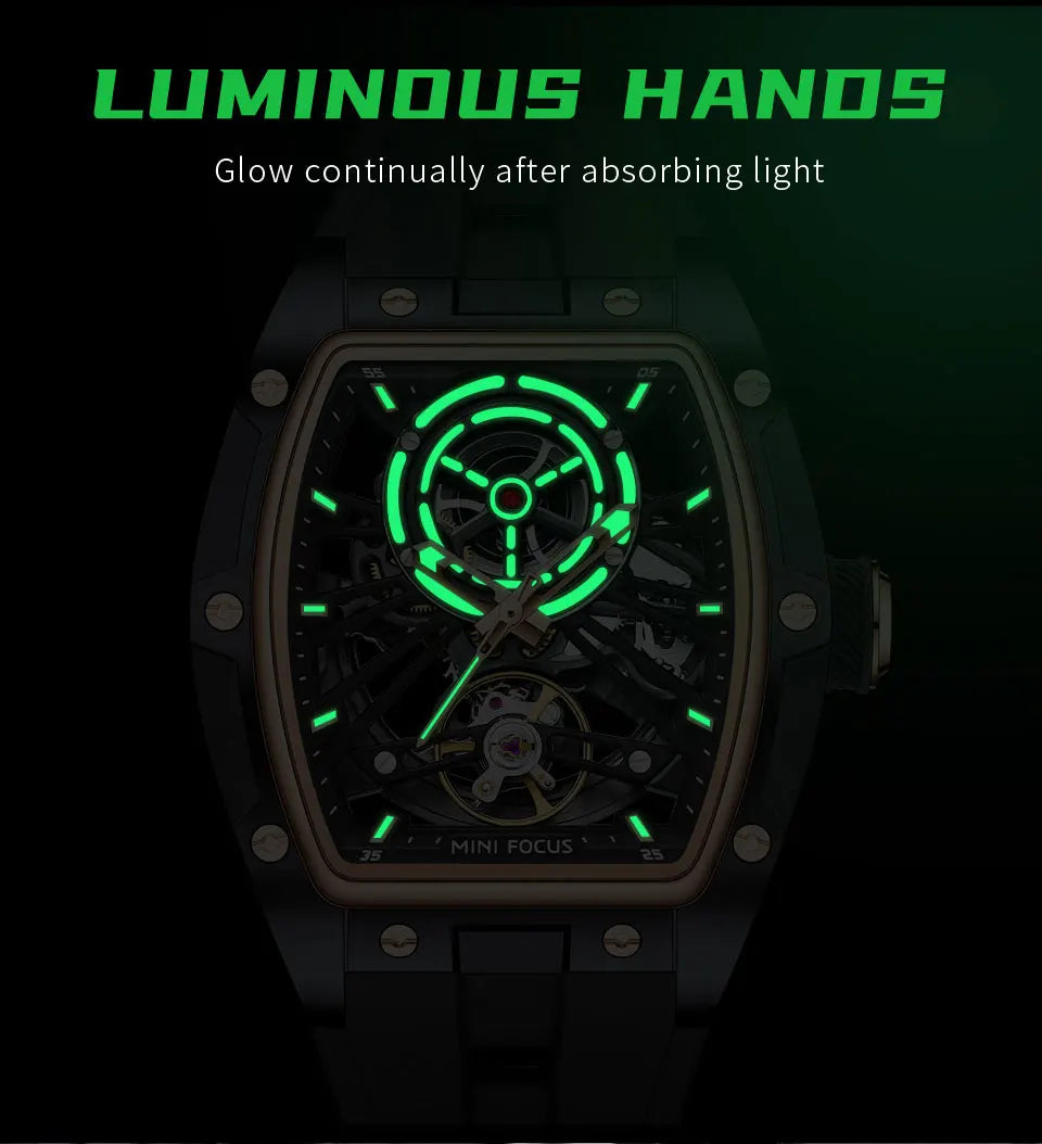 Reloj de pulsera MINI FOCUS para hombre, negro, a la moda, resistente al agua, mecánico automático, con manecillas luminosas, correa de silicona y esfera tonneau