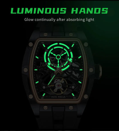 Reloj de pulsera MINI FOCUS para hombre, negro, a la moda, resistente al agua, mecánico automático, con manecillas luminosas, correa de silicona y esfera tonneau