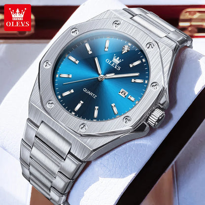 Montres OLEVS pour homme : montre de luxe classique à quartz, argentée et bleue, étanche, en acier inoxydable, luminescente, Reloj Hombre