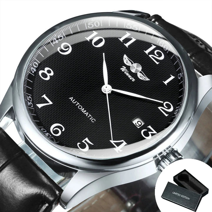 Orologio da uomo WINNER – Stile classico, retrò ed elegante – Orologio meccanico a carica automatica con calendario – Marchio di lusso, cassa in acciaio e cinturino in pelle