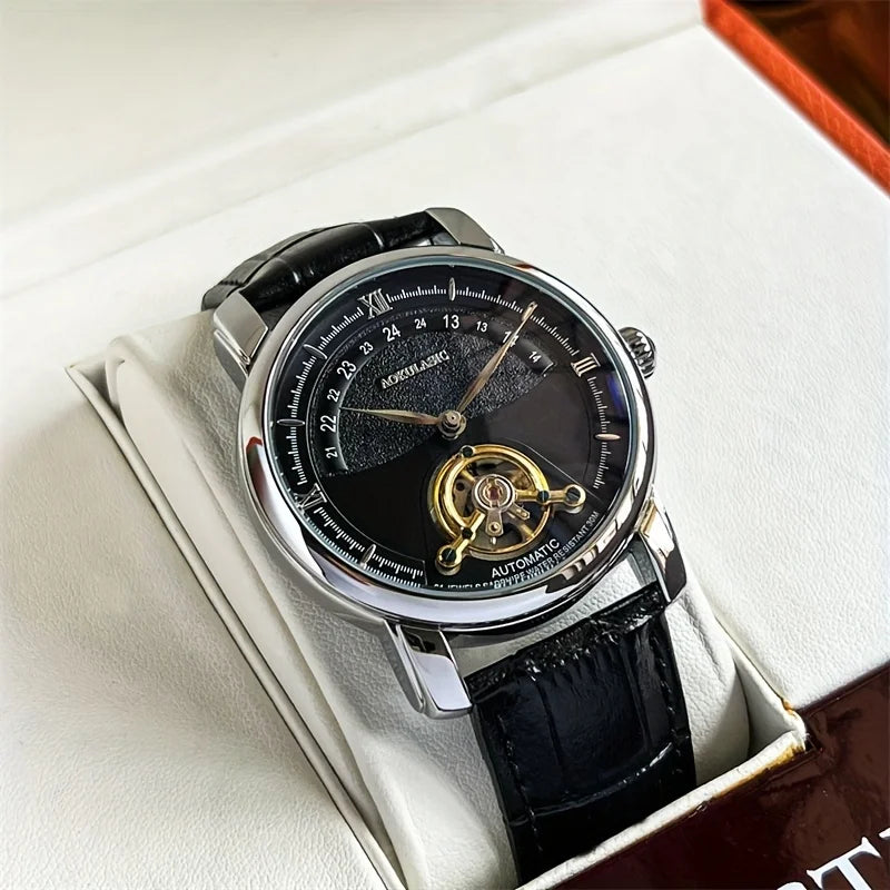 Orologio meccanico automatico da uomo – Elegante design scheletrato, stile «business casual» di tendenza, cassa in lega e cinturino in pelle, senza batteria