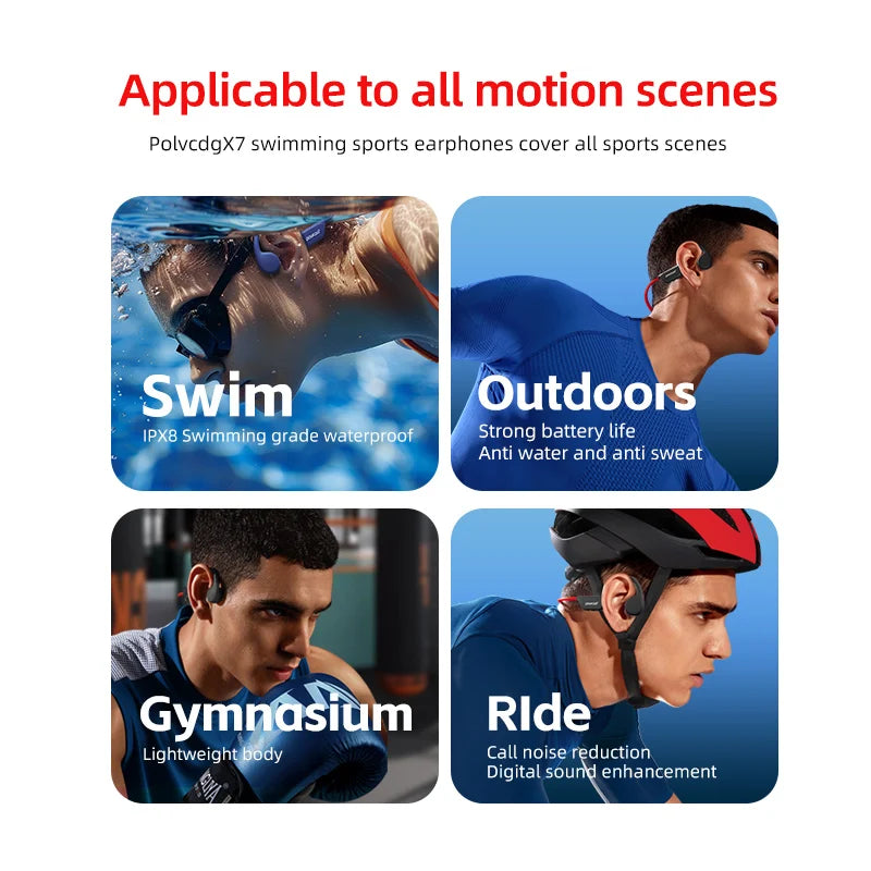 POLVCDG X7 Bone Conduction Headset IPX8 Open Headset Bluetooth 5.3 Swimming with microphone Waterproof 32GB Memory MP3 2024 new