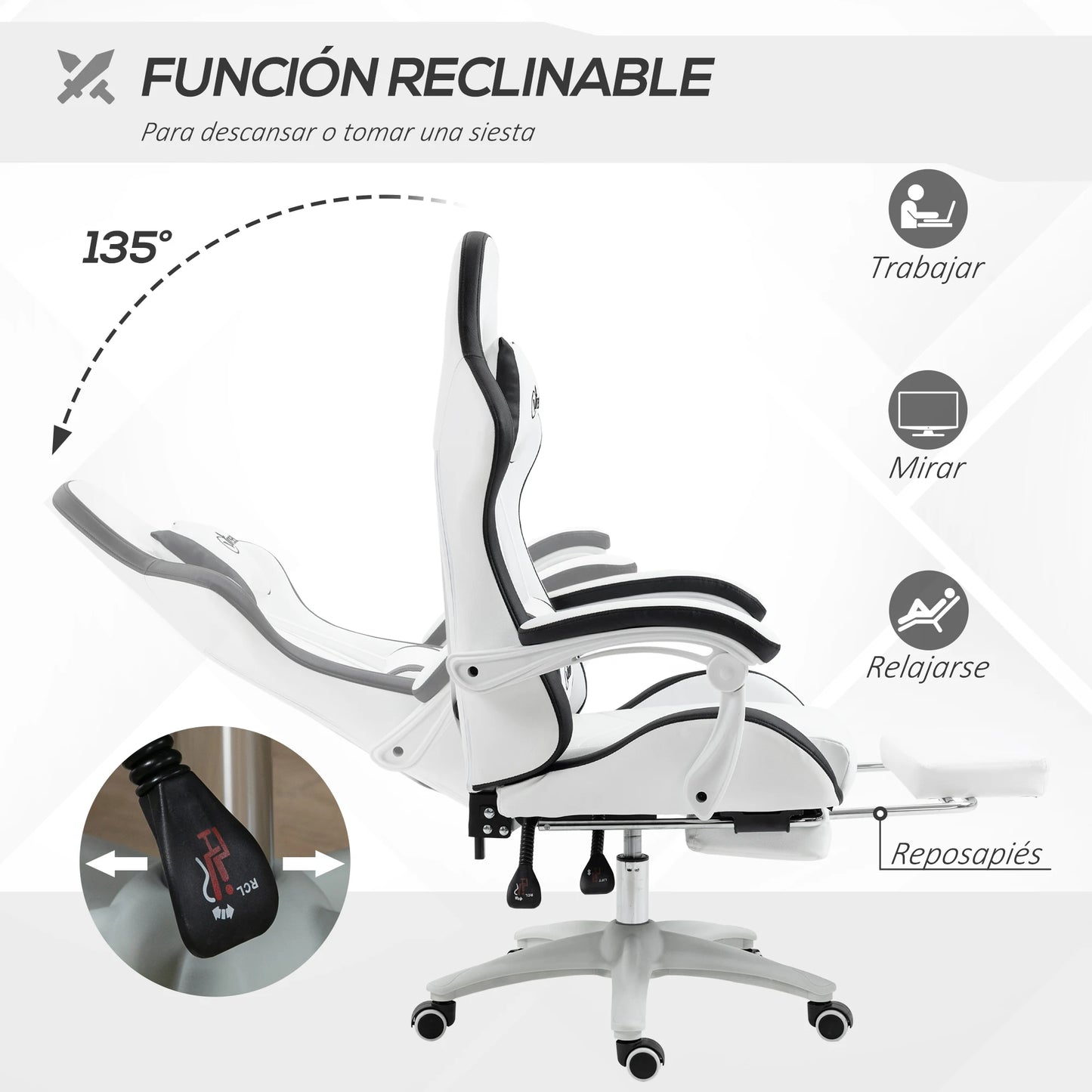 Vinsetto Pu Leather Gaming Chair with Adjustable Height 65X65X121-129 cm White