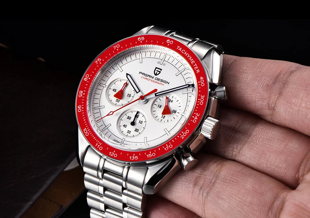 Orologio da uomo PAGANI DESIGN «New Moon» – Orologio al quarzo di lusso, cronografo, vetro zaffiro con trattamento antiriflesso, lunetta in ceramica, lancette luminescenti