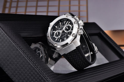 Orologio da uomo PAGANI DESIGN – Cronografo sportivo di lusso in oro rosa, dotato di un movimento al quarzo giapponese VK64 e di un cinturino in gomma fluorurata.