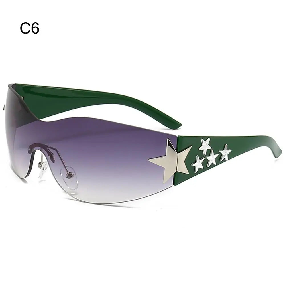 Rimless Y2K Sunglasses Women Men Punk Goggle Trendy Shield Sun Glasses UV400 3D Five Star Rhinestones Eyewear 2024