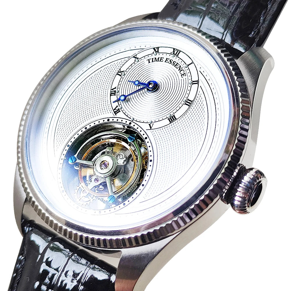 Time Essence Tourbillon Watch Classic Styling Leather Strap Sapphire Glass Hand Winding Luminous 28800