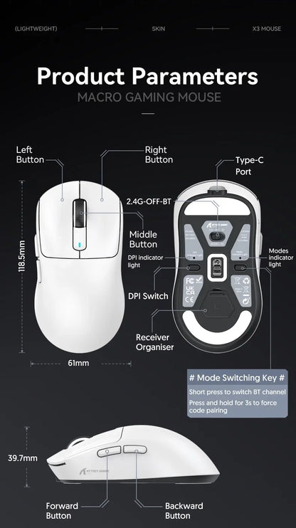 ATTACK SHARK X3 Ultra-Light Wireless Mouse - Tri-Mode 2.4G/BT/Wired, PAW3395 26000DPI, 55g, Macro, for Gaming/Xbox/PS/PC/Mac