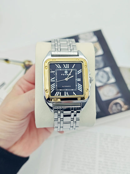 Montre carrée pour homme — Bracelet en acier inoxydable, affichage de la date