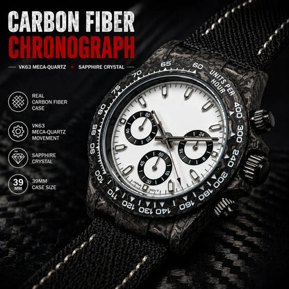 Montre chronographe « Panda » en fibre de carbone de 39 mm, VK63, quartz, verre saphir, logo personnalisé, pour homme, sportive