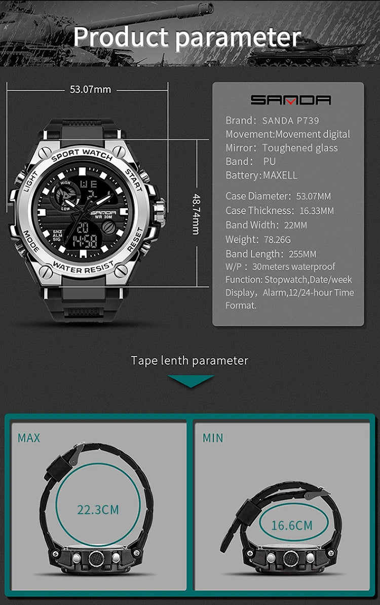 SANDA Montres de luxe haut de gamme pour homme, montre militaire, montre-bracelet sportive étanche, montre à double affichage, Relogio Masculino