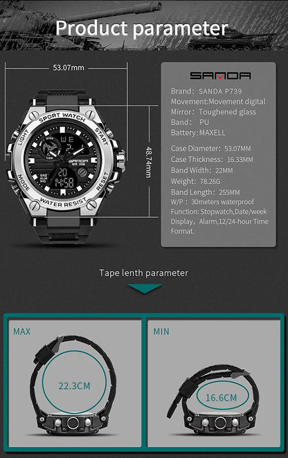 SANDA Montres de luxe haut de gamme pour homme, montre militaire, montre-bracelet sportive étanche, montre à double affichage, Relogio Masculino