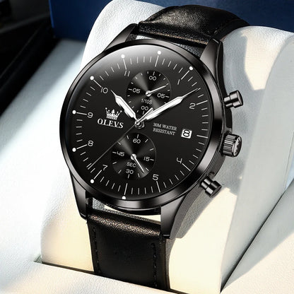 Orologio da uomo OLEVS 2880 – Cronografo elegante e dalle linee essenziali, cinturino in pelle, datario automatico, impermeabile, lancette luminescenti, movimento al quarzo.
