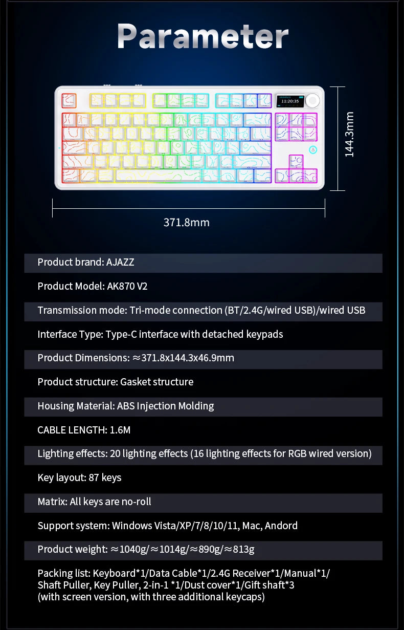 Ajazz AK870 V2 Gaming Mechanical Keyboard is a Hot-Swappable RGB Wired Gaming Keyboard Suitable for Various Scenarios on Laptops